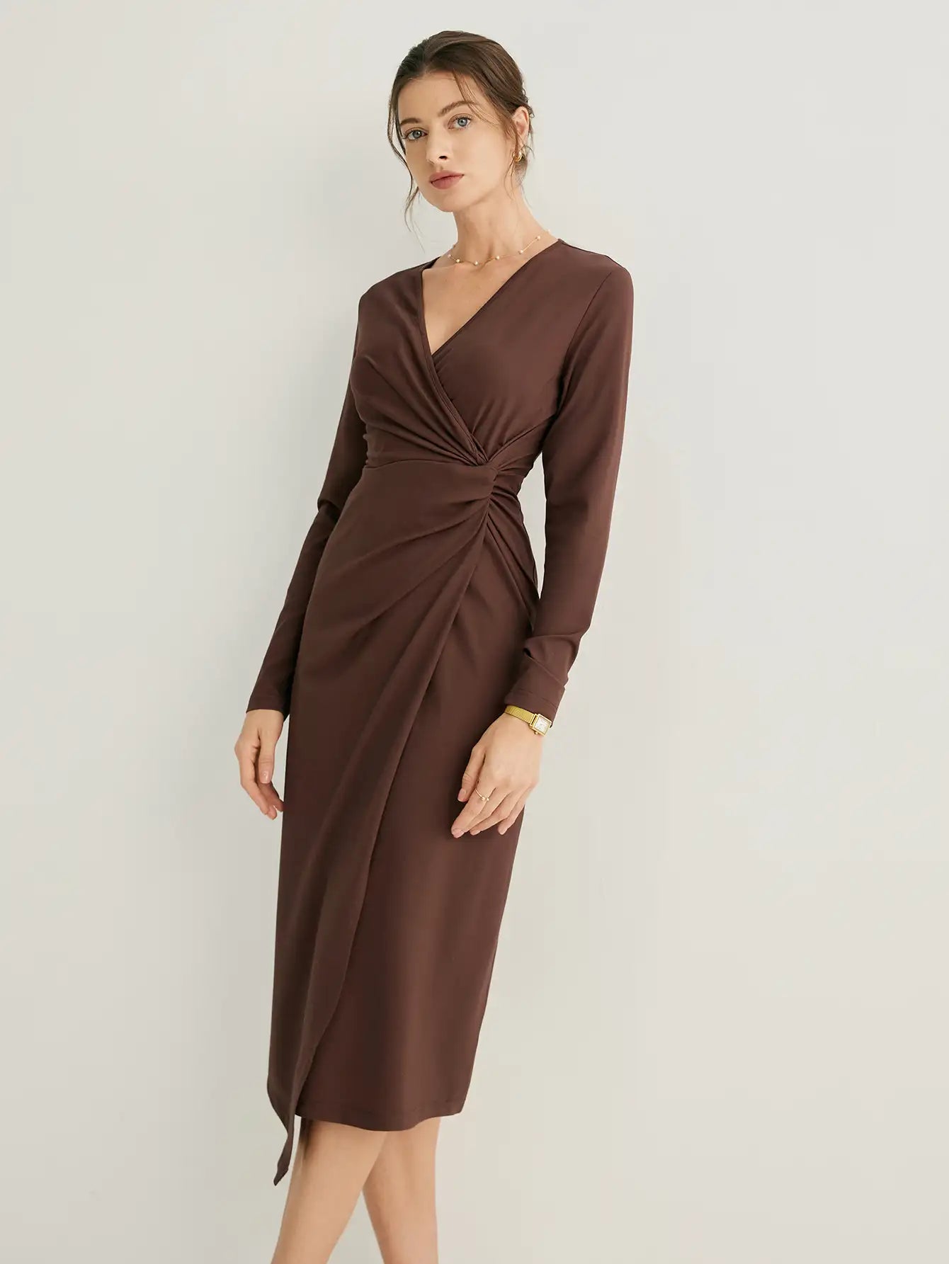 Jersey Knit Twist Waist V-Neck Midi Dress