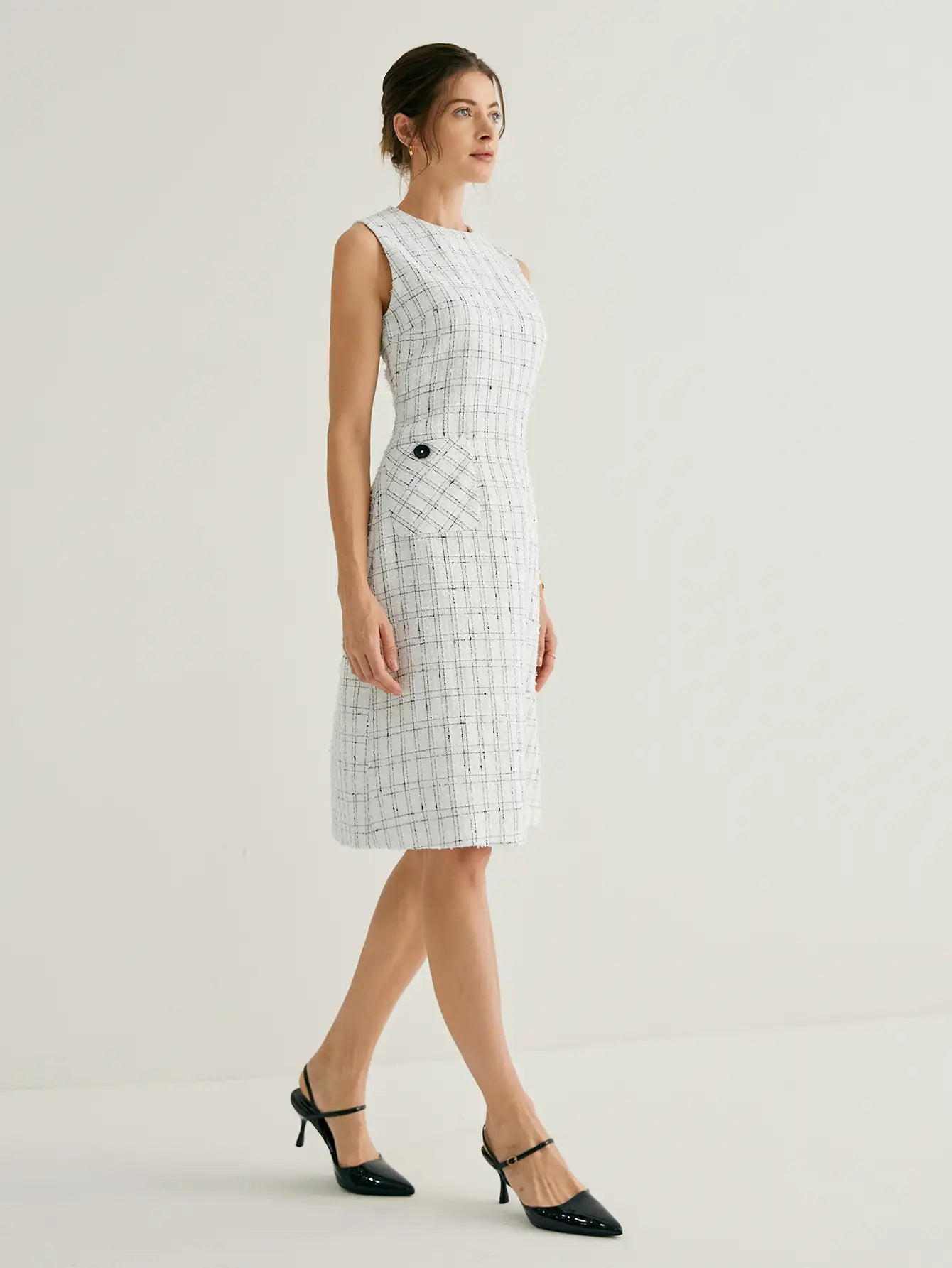 Tweed Crew Neck Grid Pattern Sleeveless Midi Dress