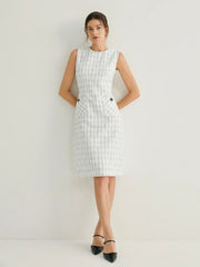 Tweed Crew Neck Grid Pattern Sleeveless Midi Dress