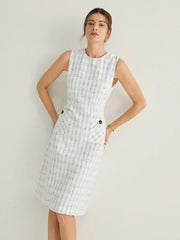 Tweed Crew Neck Grid Pattern Sleeveless Midi Dress