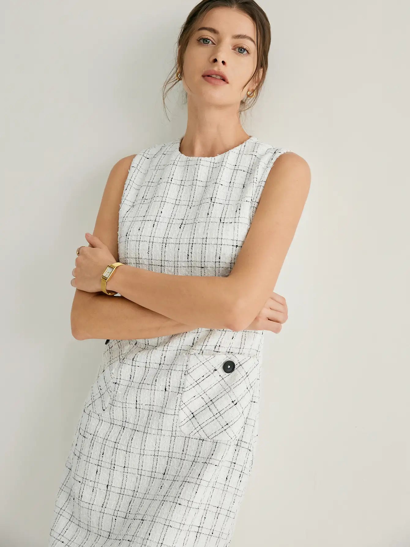 Tweed Crew Neck Grid Pattern Sleeveless Midi Dress