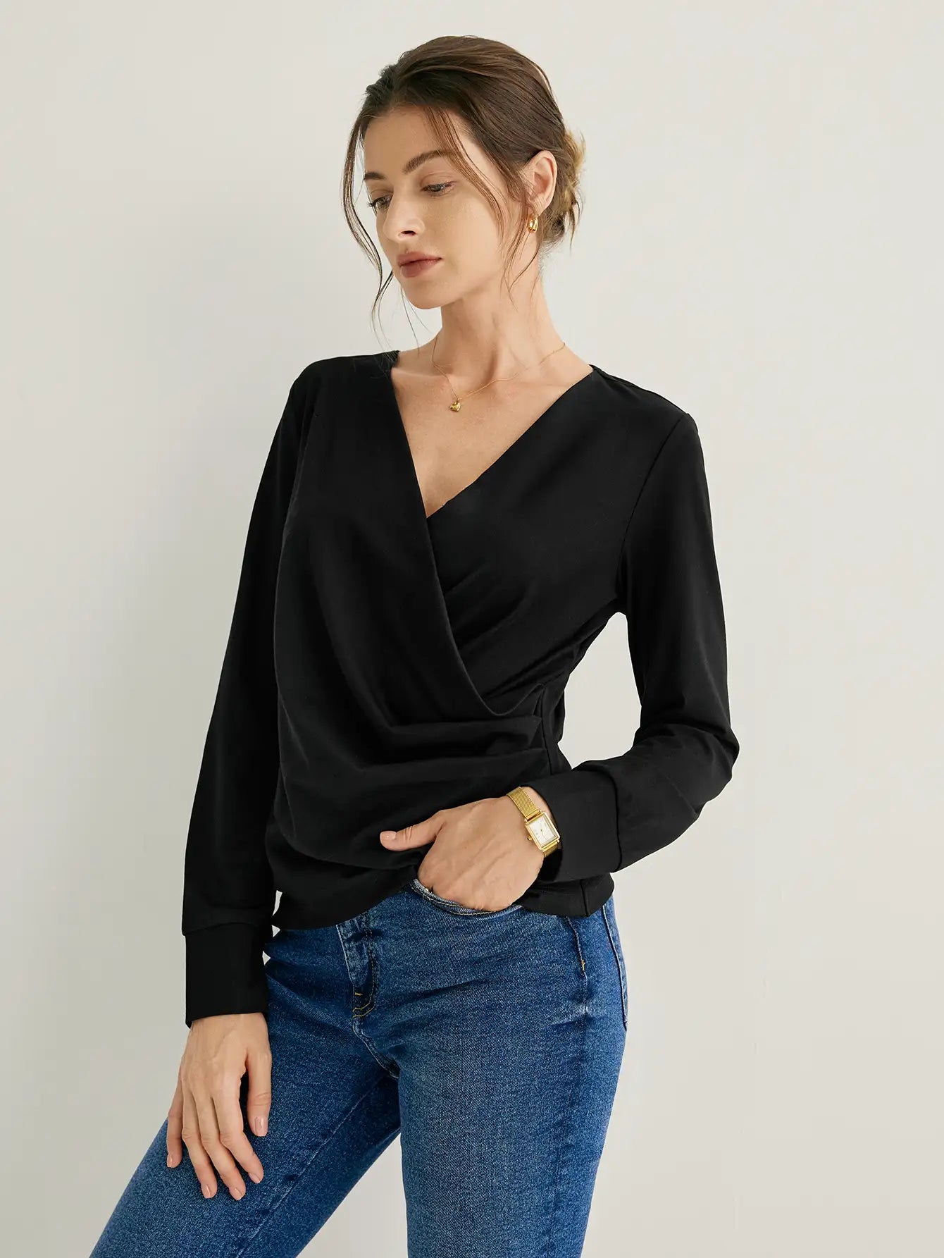 Jersey Knit Side Pleated Wrap Blouse