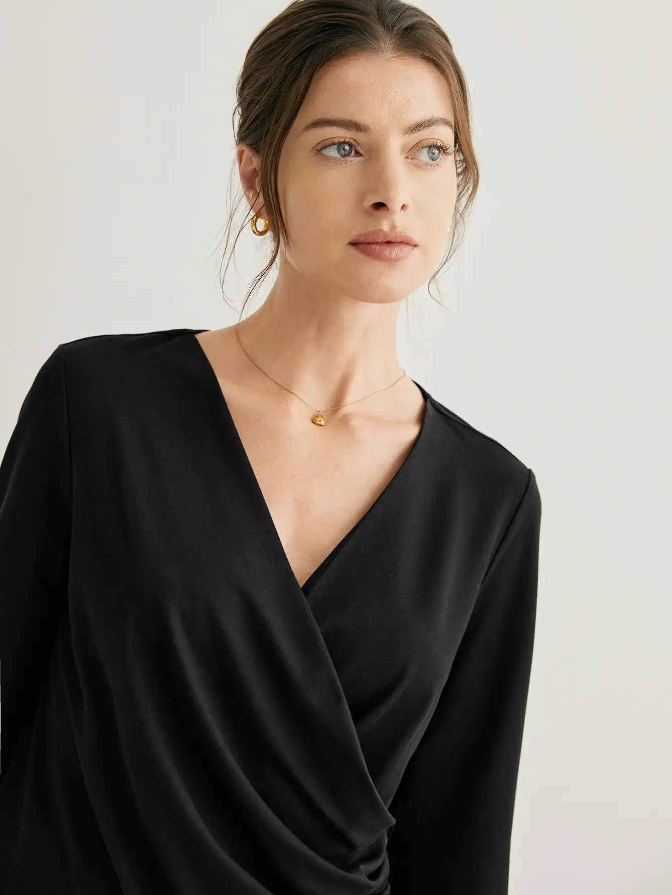 Jersey Knit Side Pleated Wrap Blouse