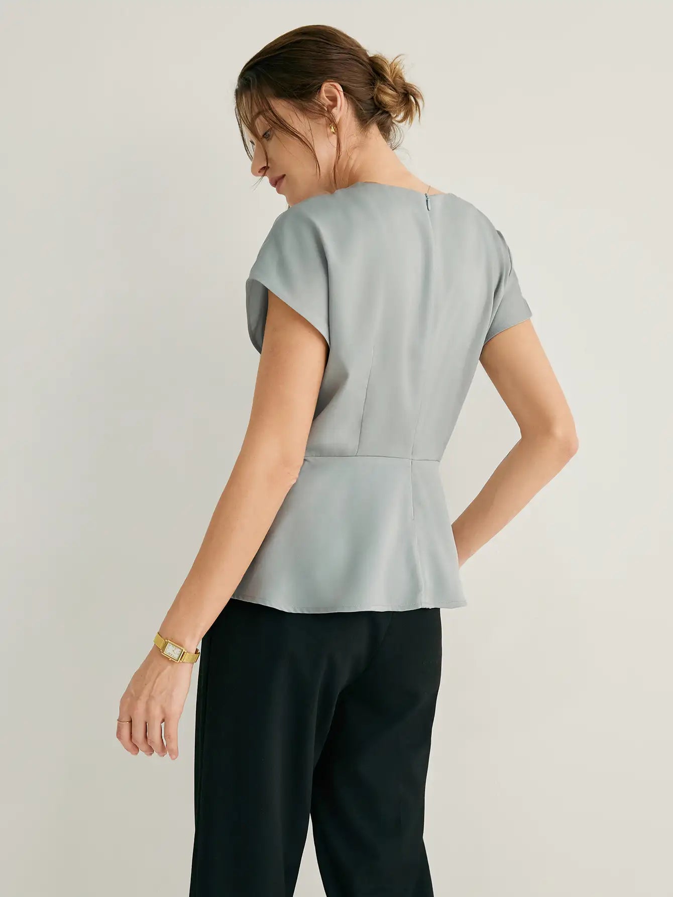 Side Pleated Peplum Hem Cap Sleeves Blouse