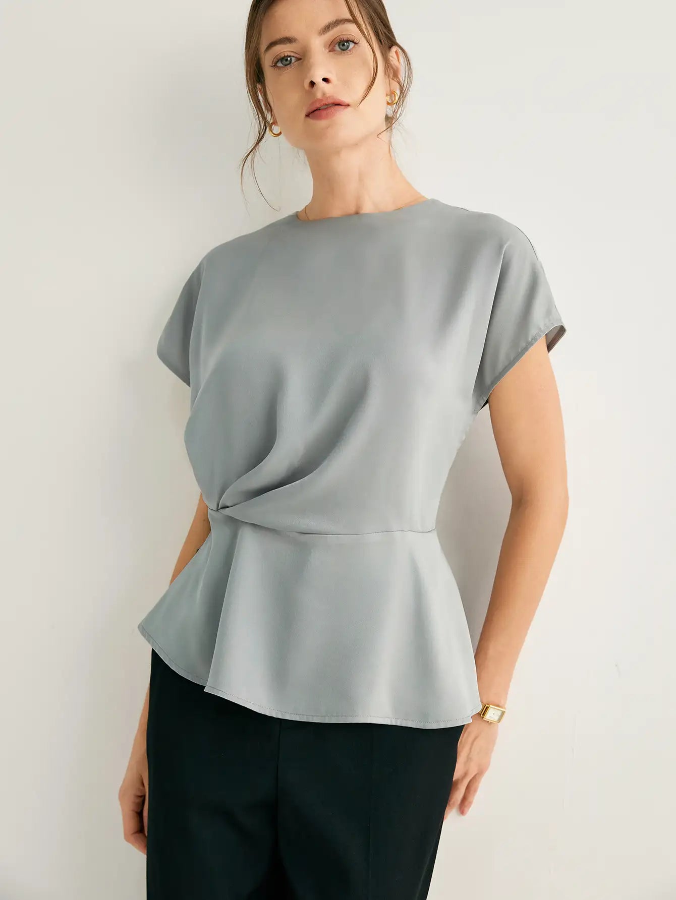 Side Pleated Peplum Hem Cap Sleeves Blouse