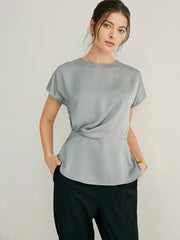 Side Pleated Peplum Hem Cap Sleeves Blouse