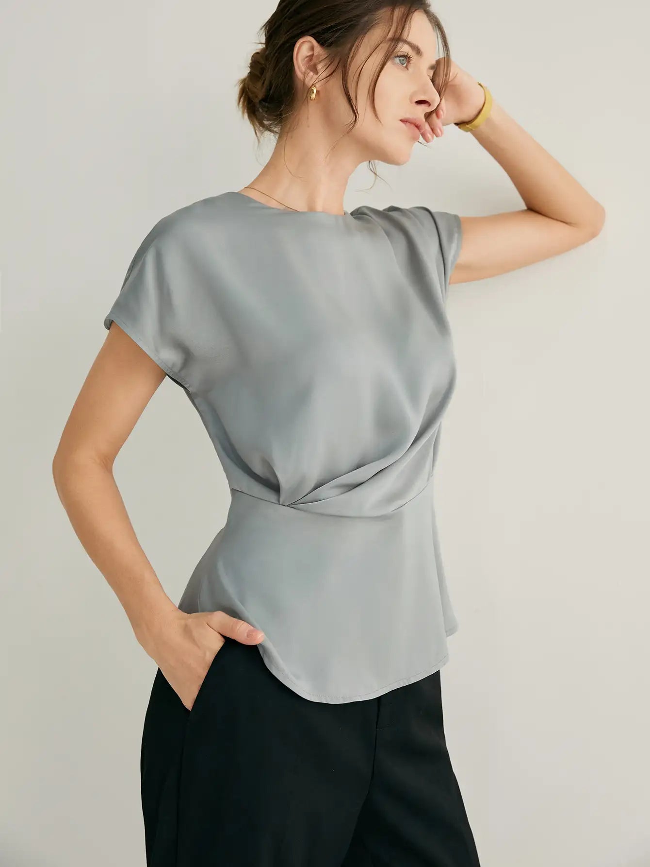 Side Pleated Peplum Hem Cap Sleeves Blouse