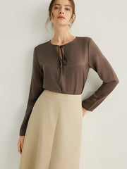 Recycled Fiber Keyhole Tie Neck Blouse