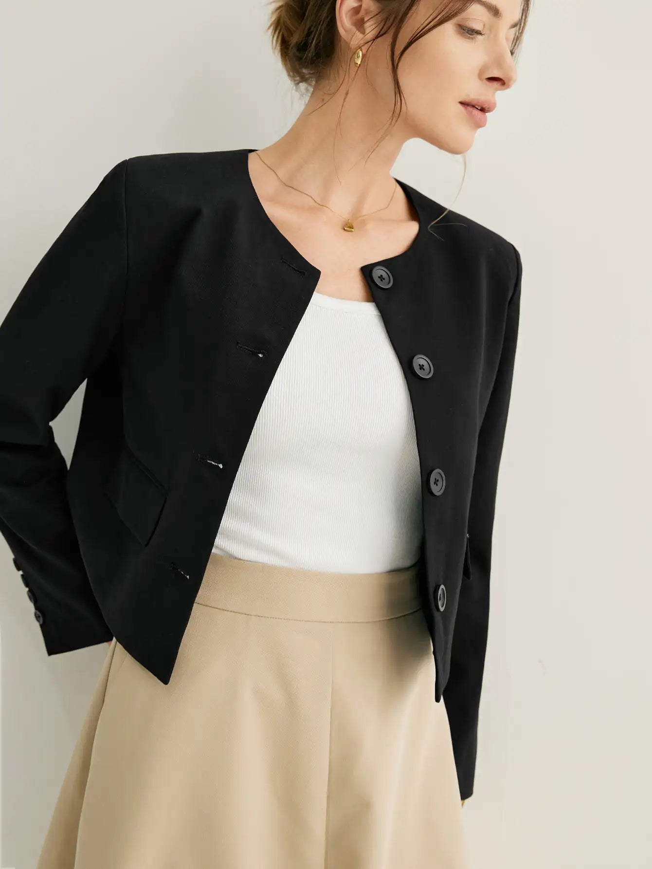 Wool-blend Cropped Jacket With Shoulder Pads