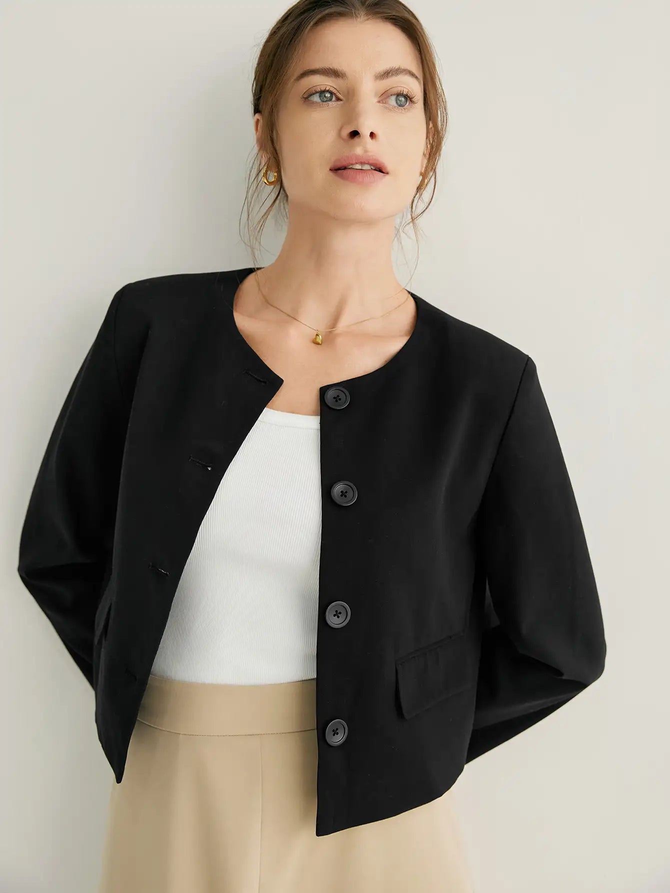 Wool-blend Cropped Jacket With Shoulder Pads