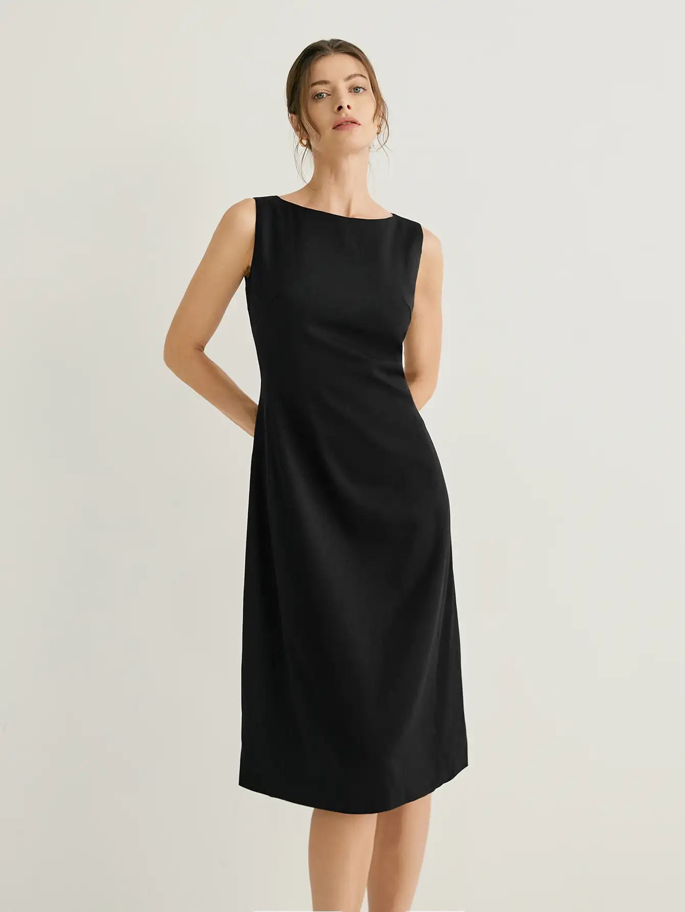 Wool-blend Bateau Neckline Sleeveless Midi Dress