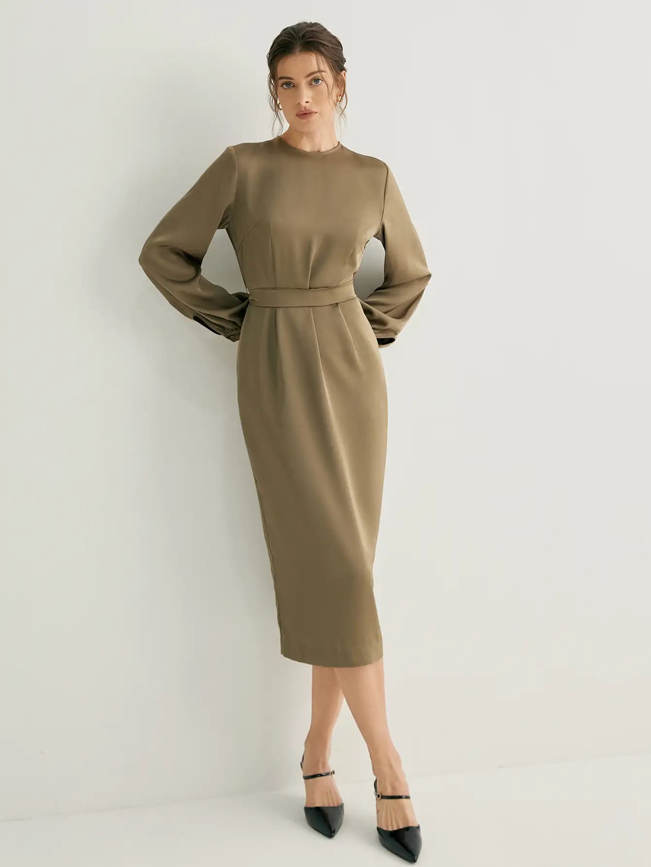 Balloon Sleeves Crew Neck Midi Dress with Belt