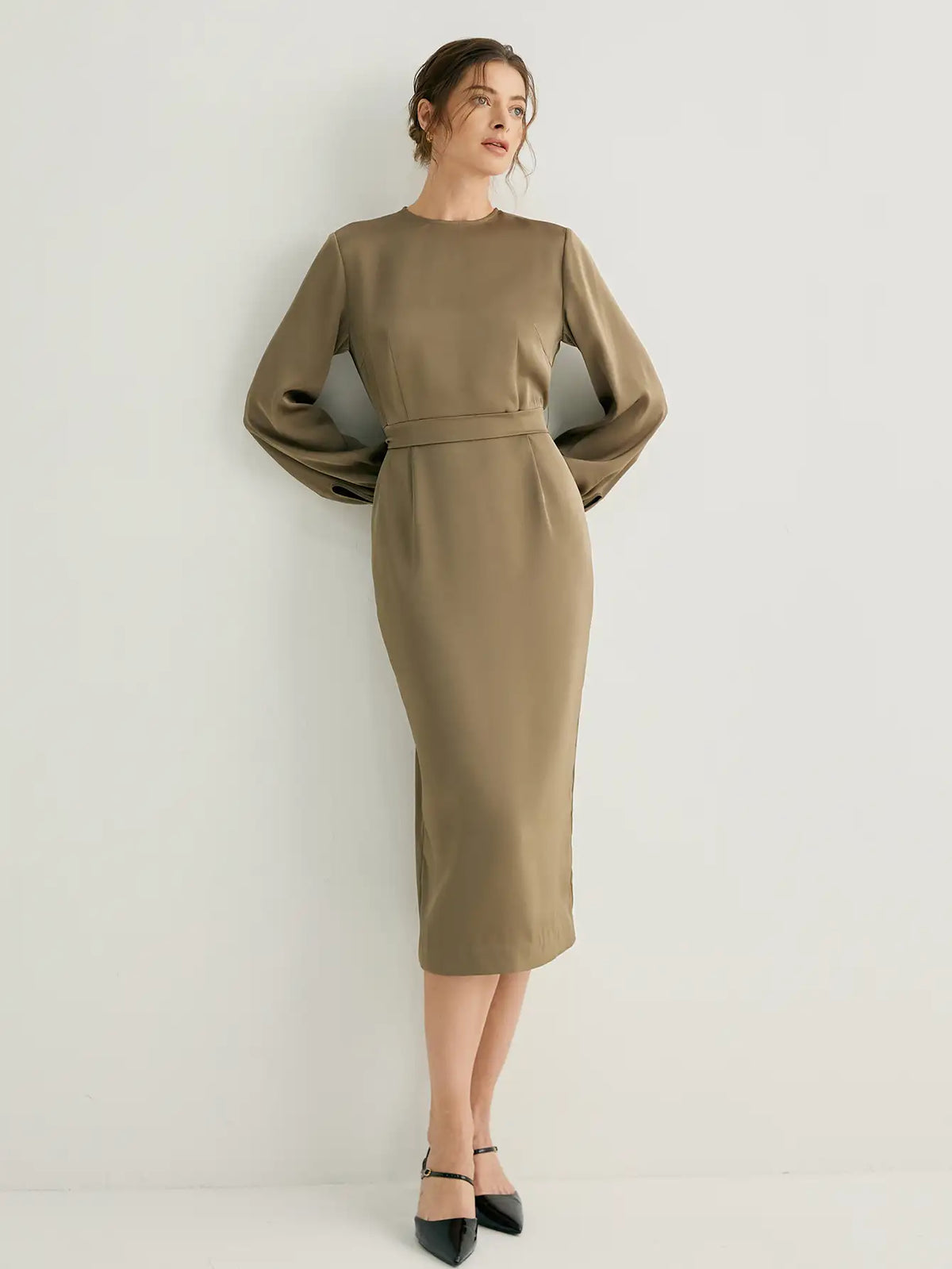 Balloon Sleeves Crew Neck Midi Dress with Belt