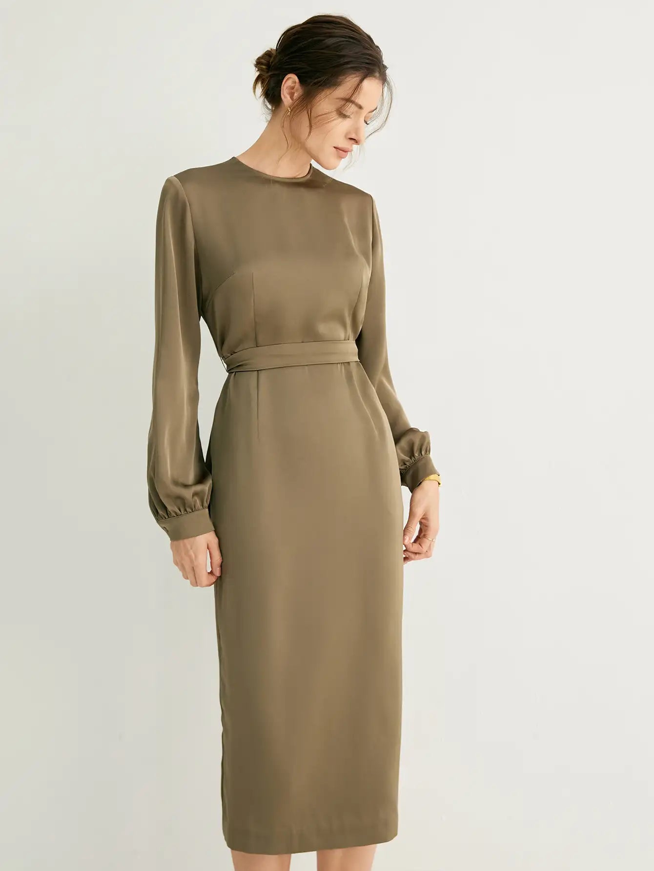 Balloon Sleeves Crew Neck Midi Dress with Belt