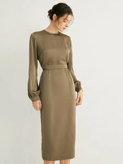 Balloon Sleeves Crew Neck Midi Dress with Belt