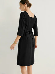 Wool-blend Square Neck 3/4 Sleeves Midi Dress