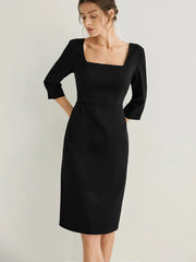 Wool-blend Square Neck 3/4 Sleeves Midi Dress