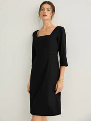 Wool-blend Square Neck 3/4 Sleeves Midi Dress