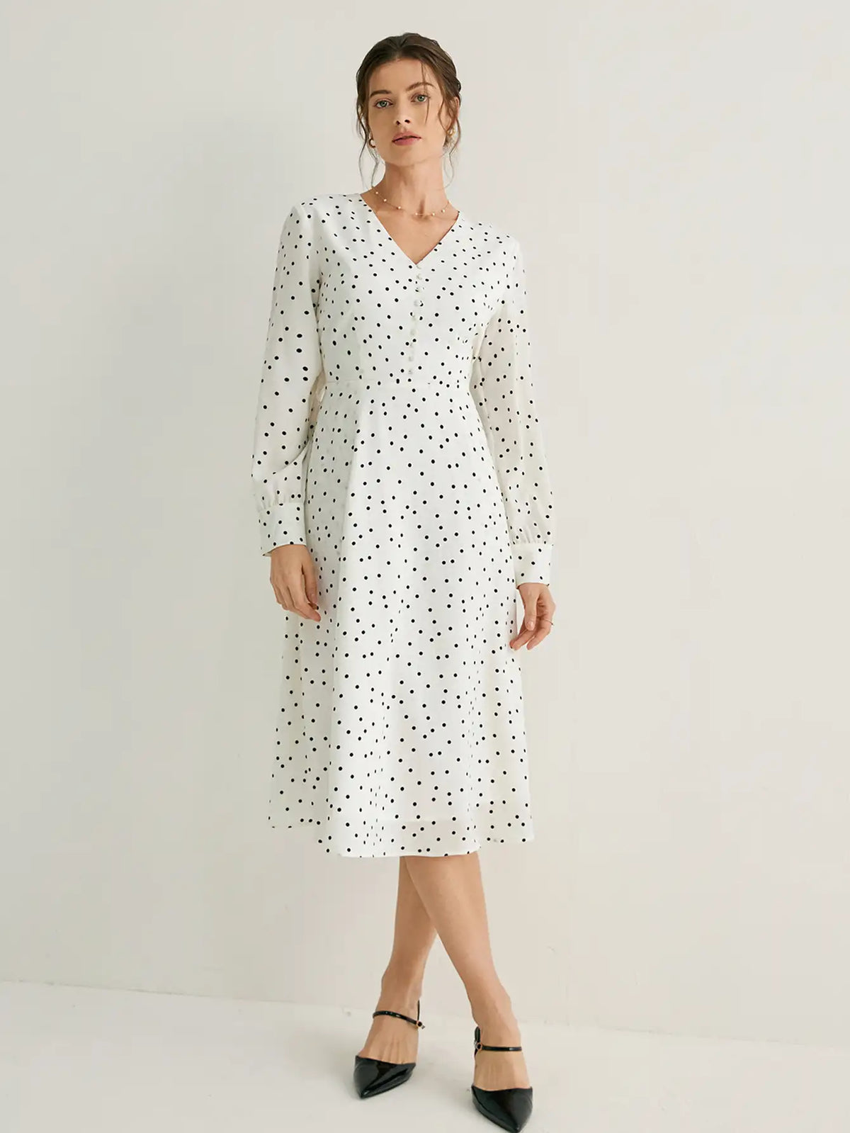 V-Neck Polka Dots A-line Midi Dress