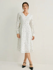 V-Neck Polka Dots A-line Midi Dress