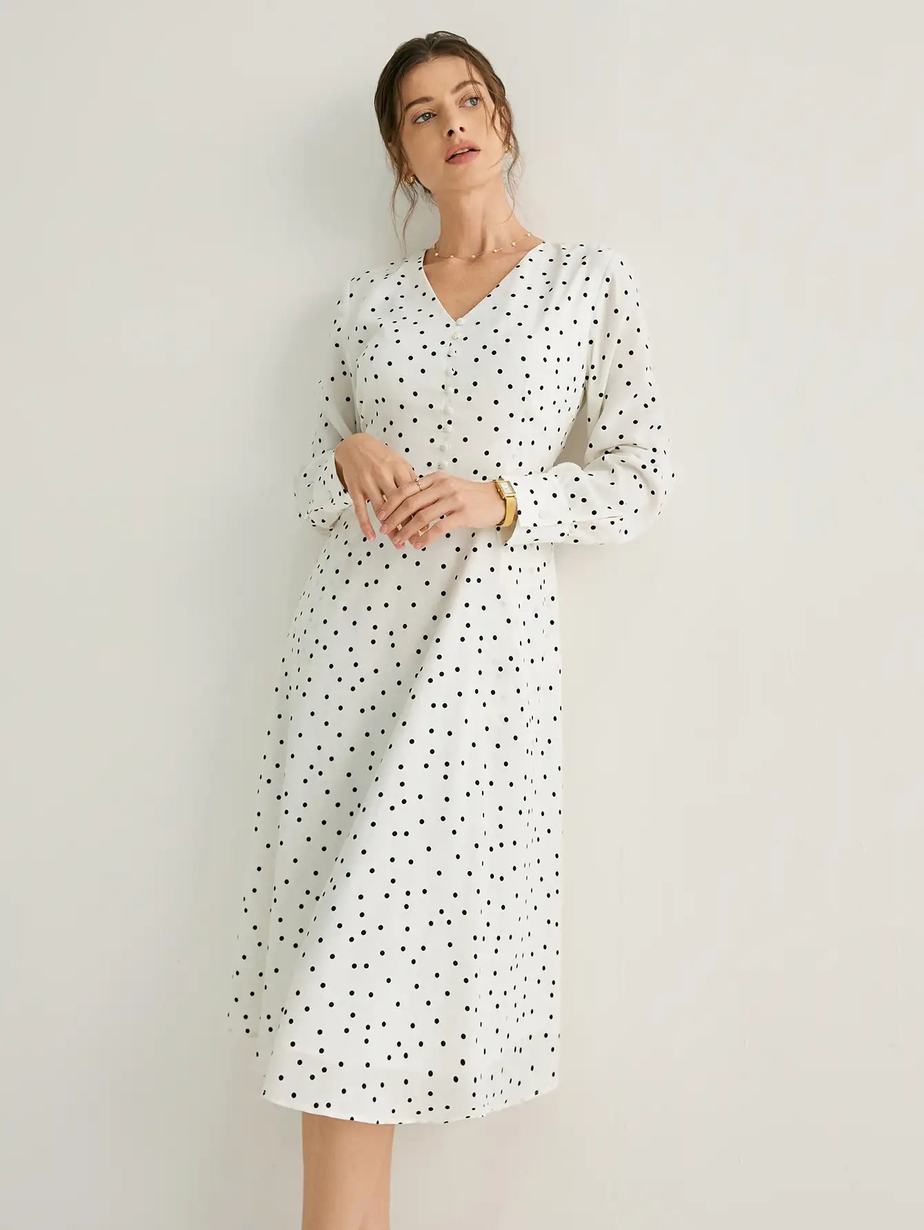 V-Neck Polka Dots A-line Midi Dress