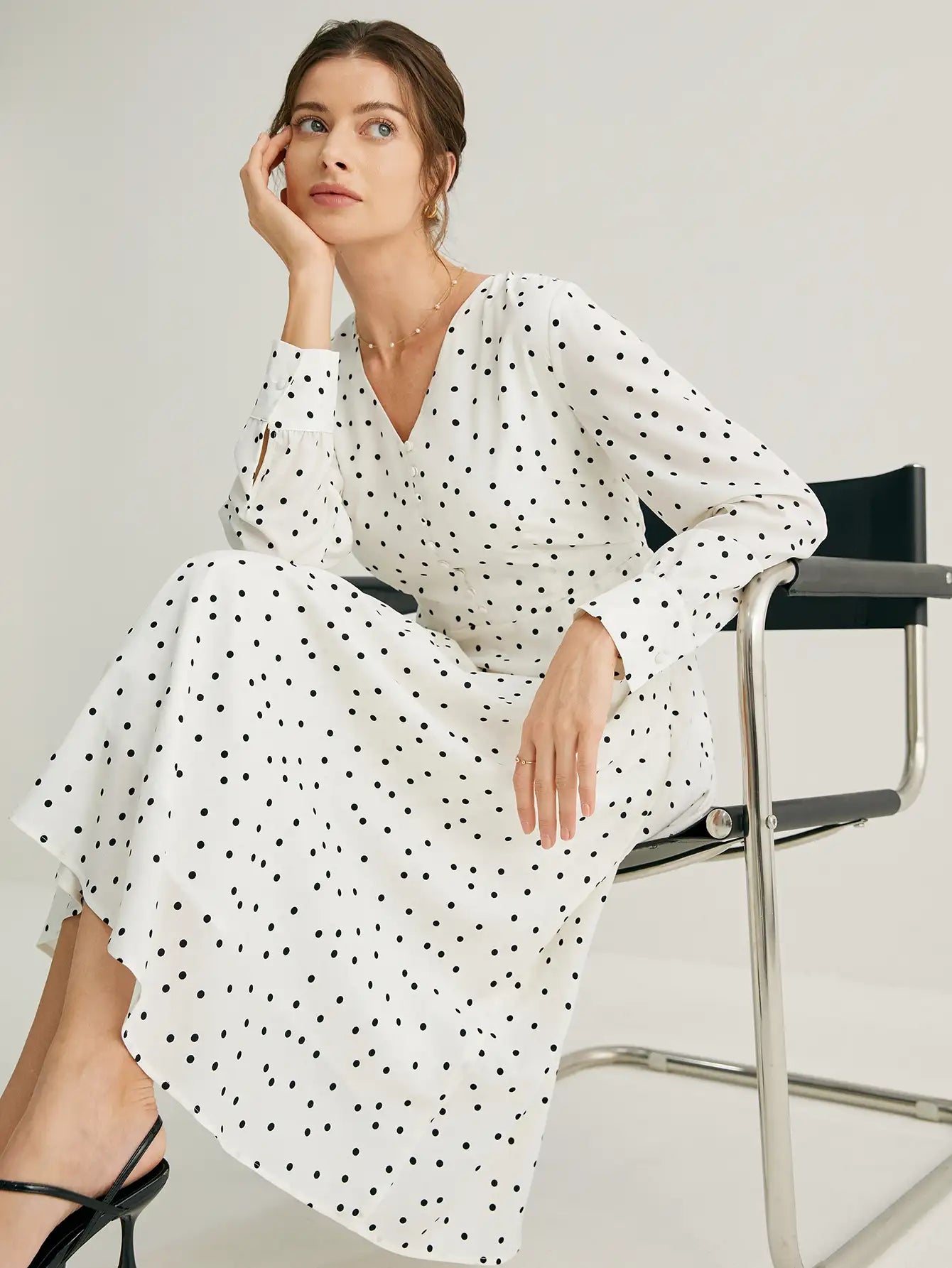 V-Neck Polka Dots A-line Midi Dress