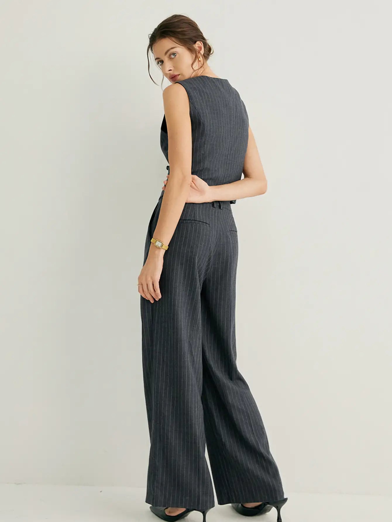 Wool-blend Vertical Stripes Wide Leg Pants