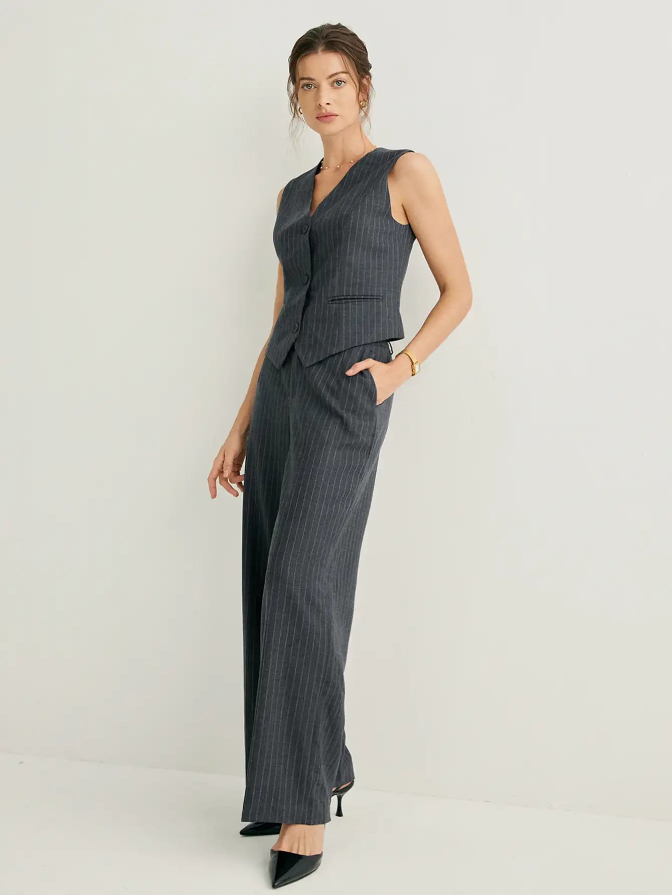 Wool-blend Vertical Stripes Wide Leg Pants