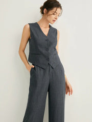 Wool-blend Vertical Stripes Button-Up Vest