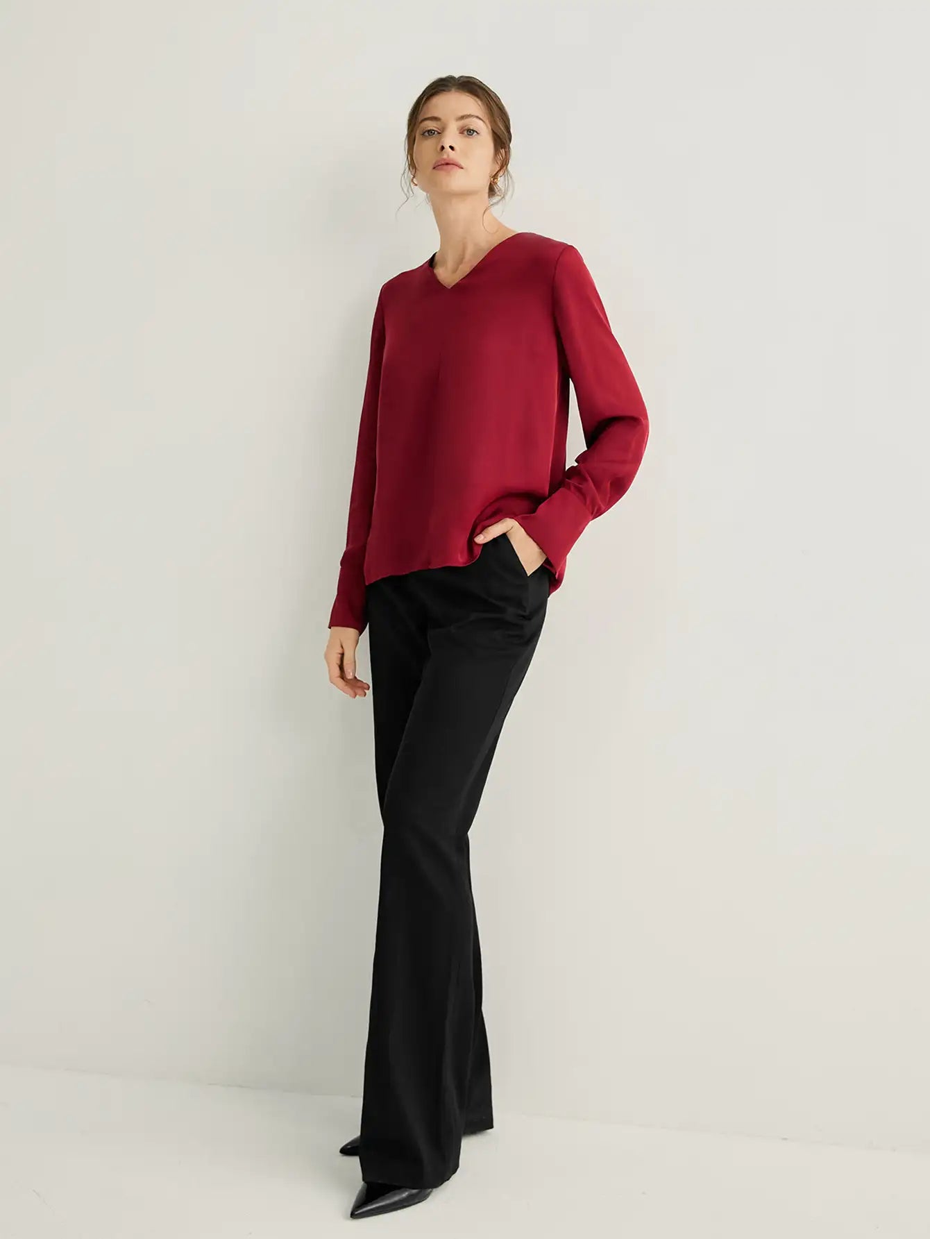 V-Neck Split Cuffs Long Sleeves Blouse