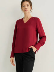 V-Neck Split Cuffs Long Sleeves Blouse