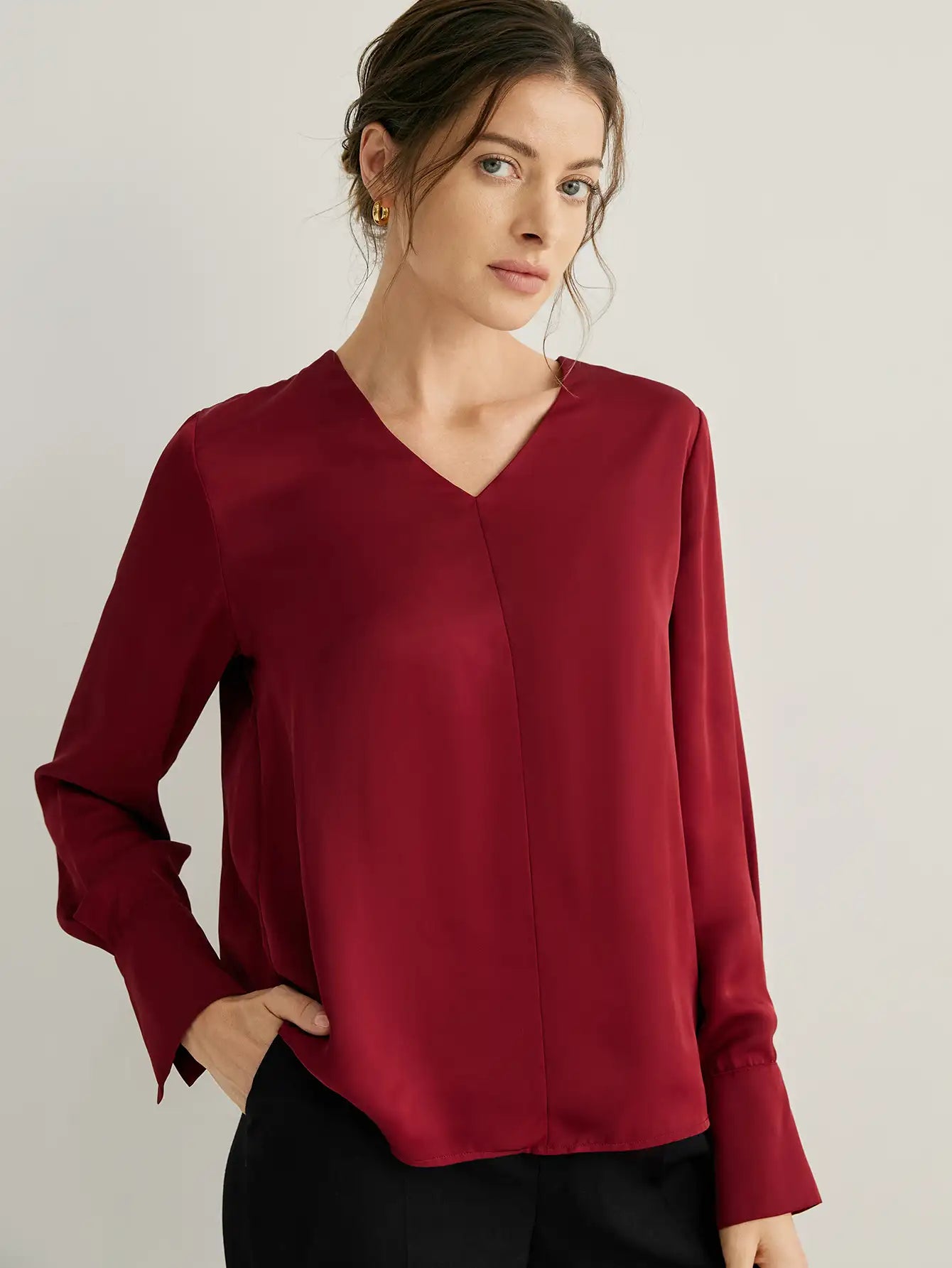 V-Neck Split Cuffs Long Sleeves Blouse