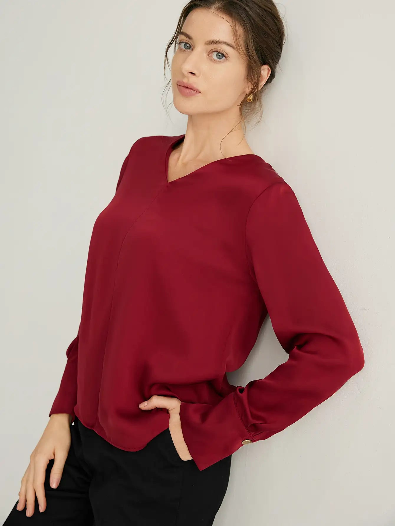 V-Neck Split Cuffs Long Sleeves Blouse